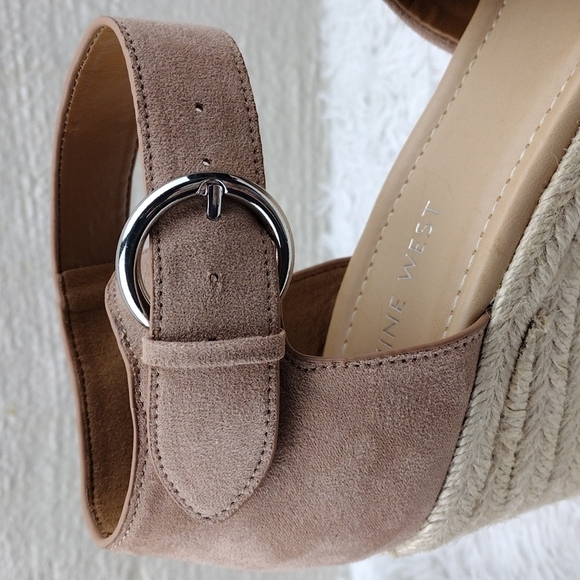 NINE West Adell Pink Faux Suede Open Toe Ankle Strap Platform Wedge Espadrilles - Picture 13 of 16